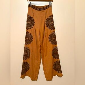 Anthropologie/Ollari Bohemian Sunflower Embroidered Wide-Leg Pants